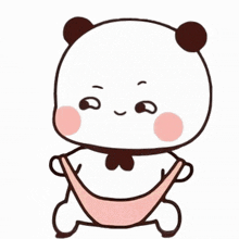 a cartoon panda bear is sitting in a hammock holding a pink sling .