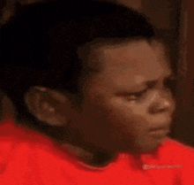 a close up of a young boy wearing a red shirt .